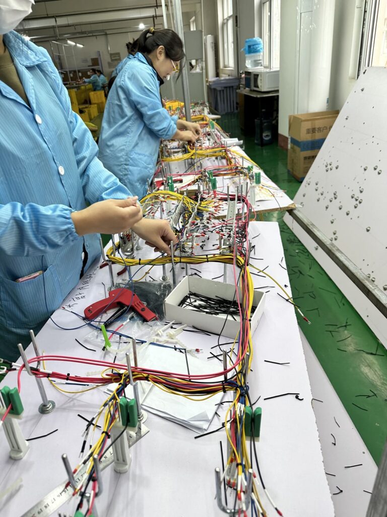 Workers assembling wire harnesses on a production table in a manufacturing facility.